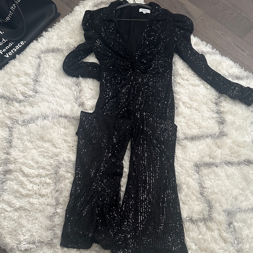 SHEIN Black Sequin Long-Sleeve Jumpsuit